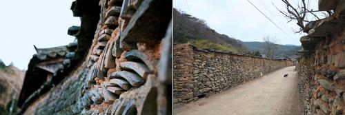 (왼쪽) 제법 운치가 있는 옥천사 담장. (오른쪽)지역에서 출토되는 자연석을 쌓아 독특한 경관을 보여주는 학동마을 골목길.