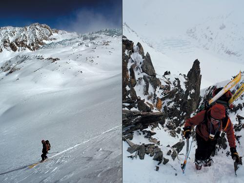 (왼쪽) 이제 따뜻한 햇살을 받으며 즐겁게 투르빙하 좌측으로 내려온다. (오른쪽) 스키를 등에 지고 파송고개에 오르고 있다.