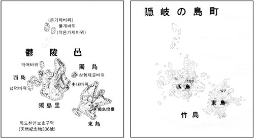왼쪽은 우리나라 국토지리정보원이 제작한 독도의 1:25,000 지형도이고, 오른쪽은 일본 국토지리원이 제작한 1:25,000 지형도다. 한눈에 일본의 지형도가 정밀하게 묘사되어 있음을 알 수 있다.