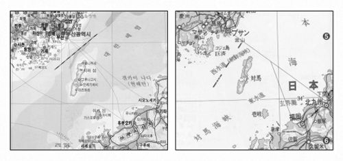 왼쪽의 지도는 우리나라 중학교 사회과부도에 실린 대한해협 부분 지도이고, 오른쪽은 일본의 중학교 사회과지도에 실린 대한해협 부분 지도다. 
같은 해협을 놓고 양국간에 표기가 극명하게 다르고, 현해탄의 위치도 서로 다르다.