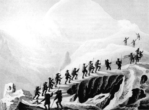 1787년 몽블랑 초등 당시 만년설을 오르는 등산 모습을 그린 그림.
