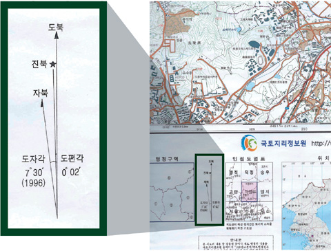 국토지리정보원 발행 지형도에 표시된 도북, 진북, 자북.