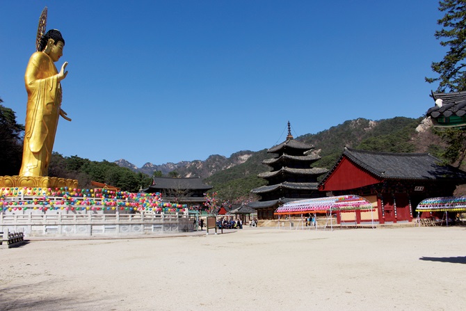 속리산의 아홉 봉우리가 법주사의 미륵대불과 한국 유일의 5층 목탑 건물인 팔상전을 둘러싸고 있는 형국이다. 
