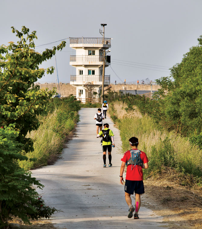 대회 참가자들이 바닷가로 이어지는 호젓한 시골길을 달리고 있다. 
