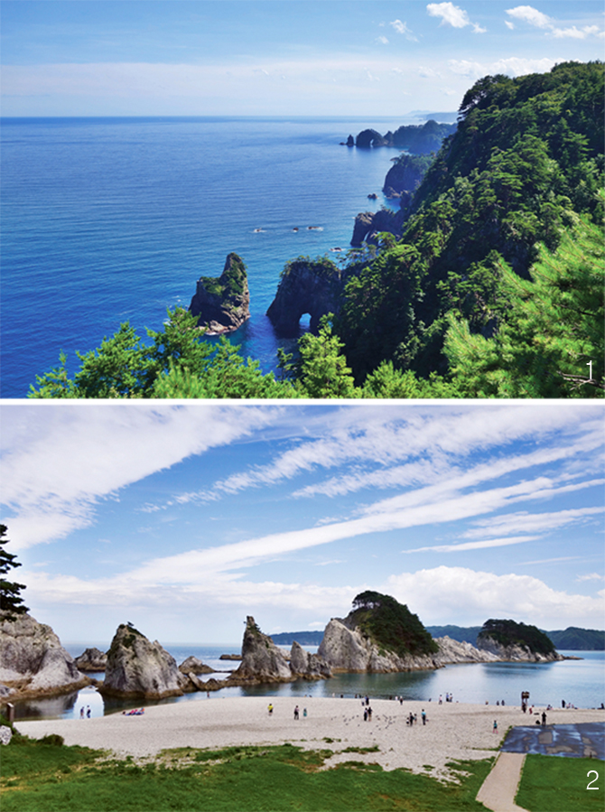 1 거대한 코끼리들이 바다로 가는 듯한 기타야마자키해안선. 2 풍경의 극락정토라 불리는 조도가하마.
