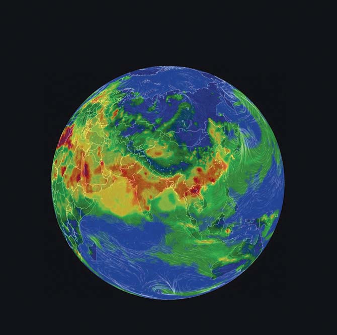 미세먼지를 포함한 공기 오염도를 나타내는 ‘지구의 오염지도’. 중국과 인도, 중동 등 부근에 붉은색으로 심각한 오염도를 보이고 있다. / 사진 Airvisual.com