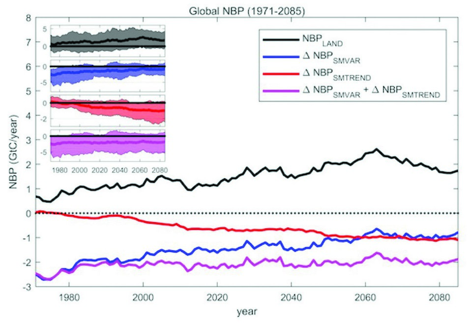 1971년부터 2085년까지 순생물군계생산량(NBP, 이산화탄소를 저장하는 생물권의 생산량) 그래프. 2060년을 기점으로 감소한다. 자료 콜롬비아대 연구팀.