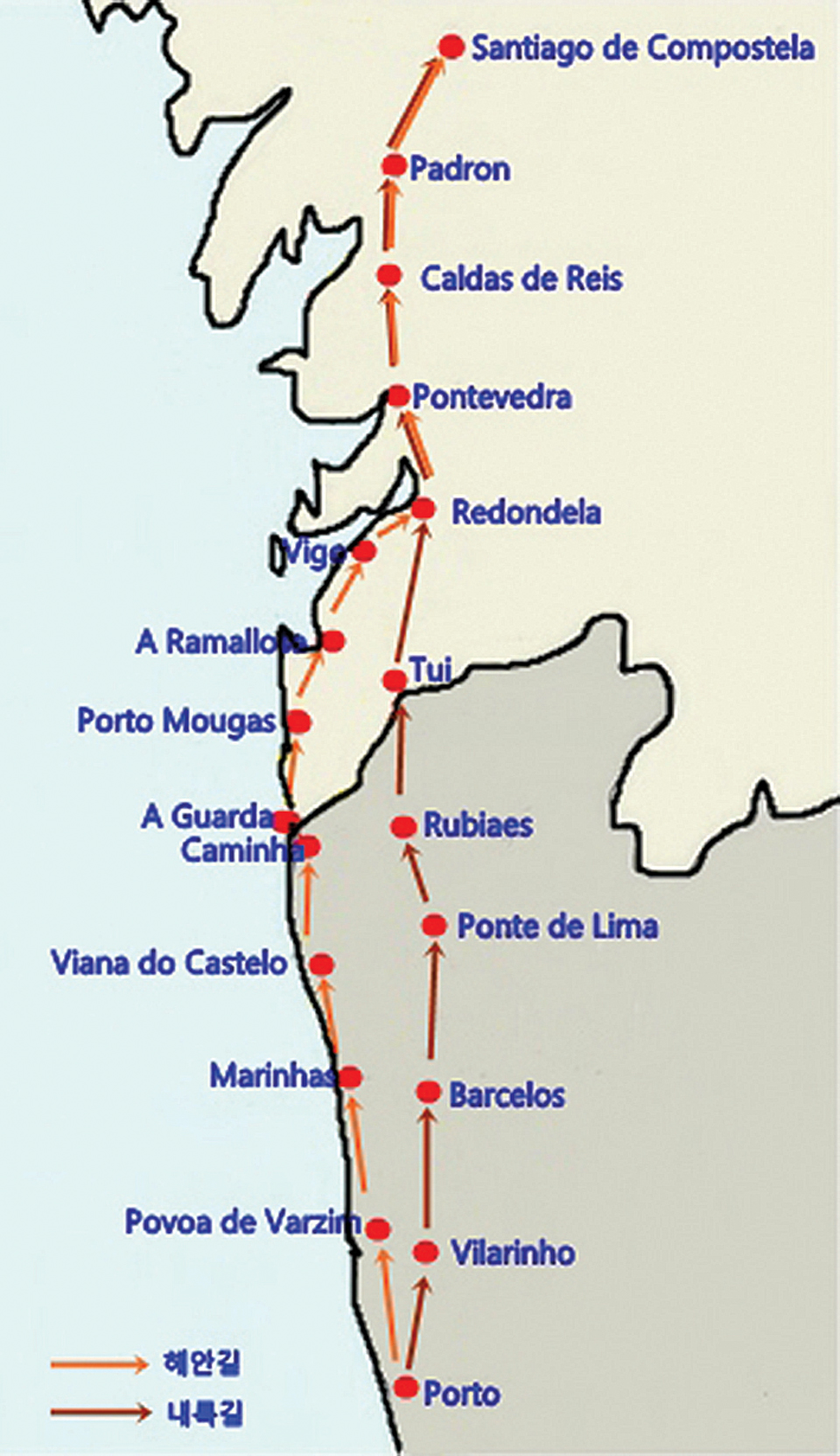 포르투갈 해안길 지도.