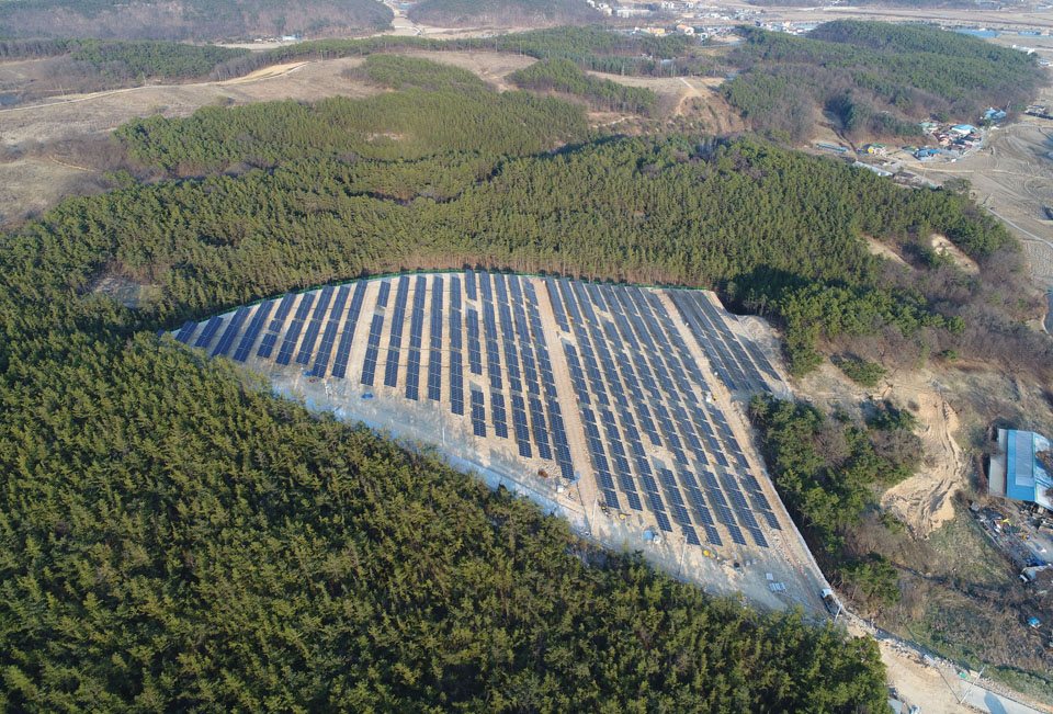 경기도 여주시 북내면 신남리의 한 산에 태양광 발전소를 만드는 공사가 진행되고 있다.