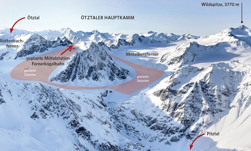 피츠탈-외츠탈 지역의 경계가 되는 빙하지대에 슬로프를 건설한다. 이미지 루디 빌리달.