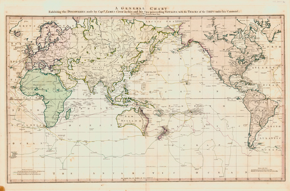 제임스 쿡의 항해궤적이 그려진 세계지도(출처: National Library Australia).