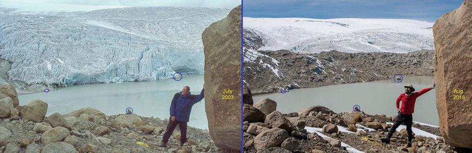 세계에서 가장 큰 열대권 빙원인 페루 켈차야 빙원의 빙하 감소. 매사추세츠 대학의 기후연구소 더그 하디 박사가 13년의 시차를 두고 촬영했다.