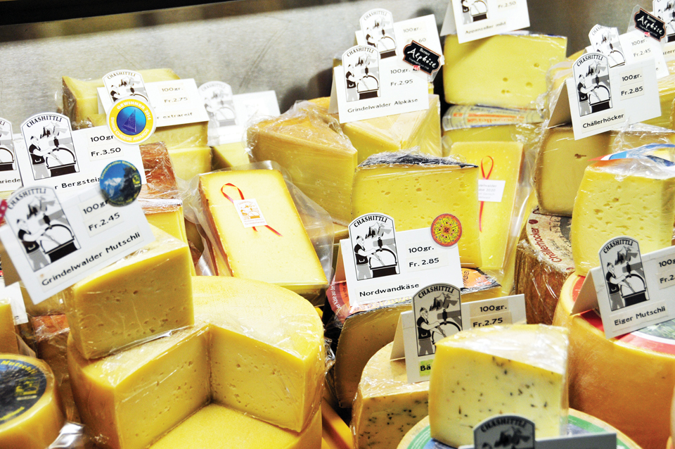 그린델발트의 명물 치즈가게 ‘몰케라이 게르치’의 다양한 치즈들.